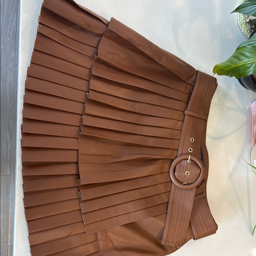 Brown Pleated Skirt with Belt
